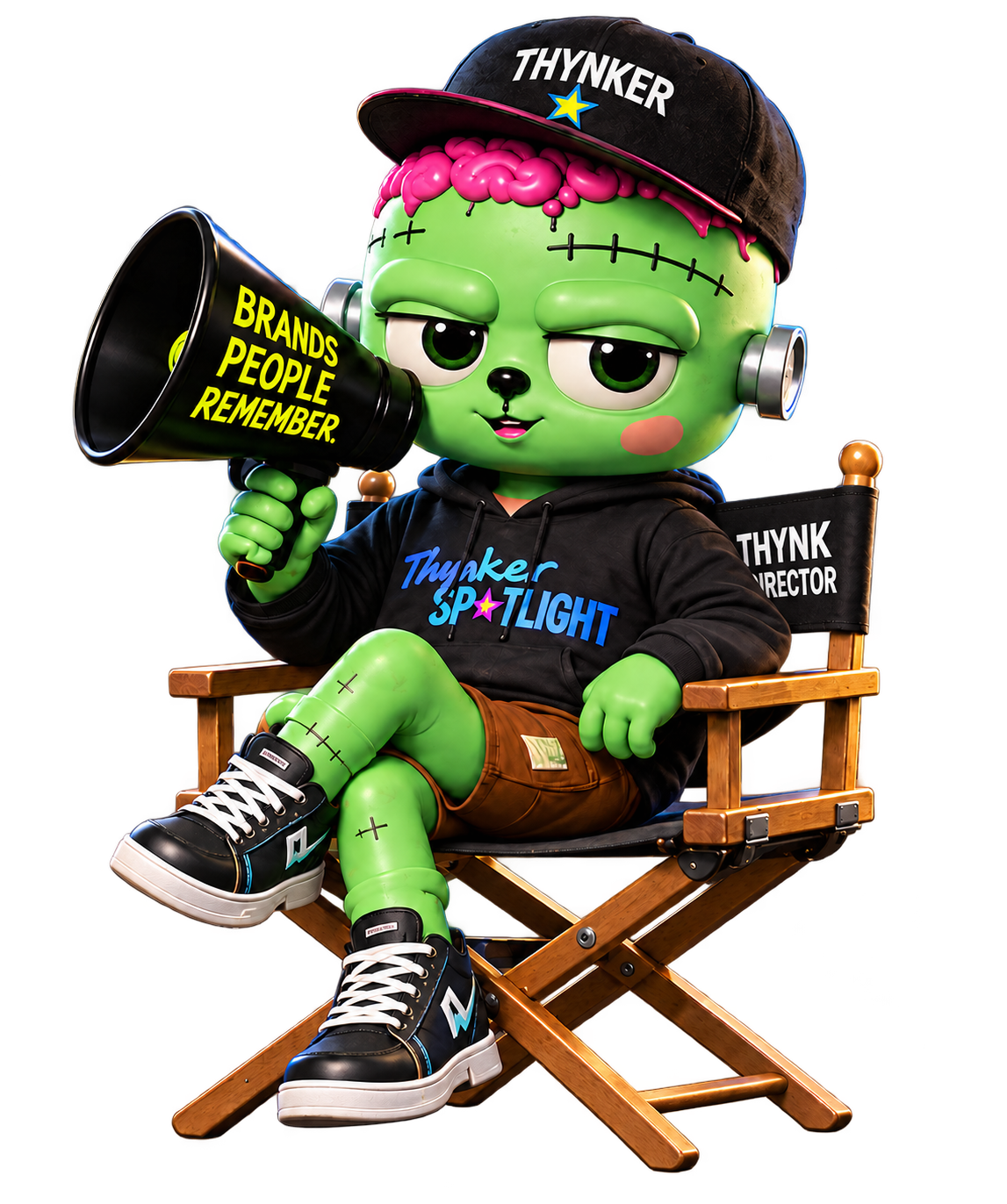 The green Thynker mascot with pink brain hair and a black cap, sitting cross-legged in a director&rsquo;s chair and holding a megaphone.