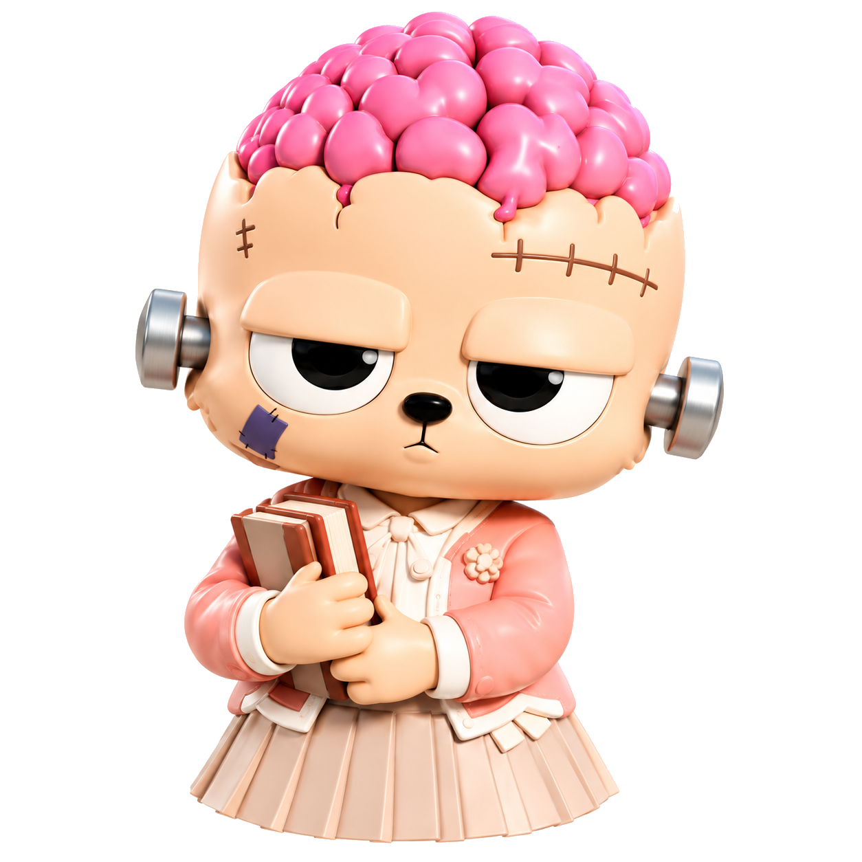 Peach brain bear in a salmon jacket and pleated skirt, holding notebooks close