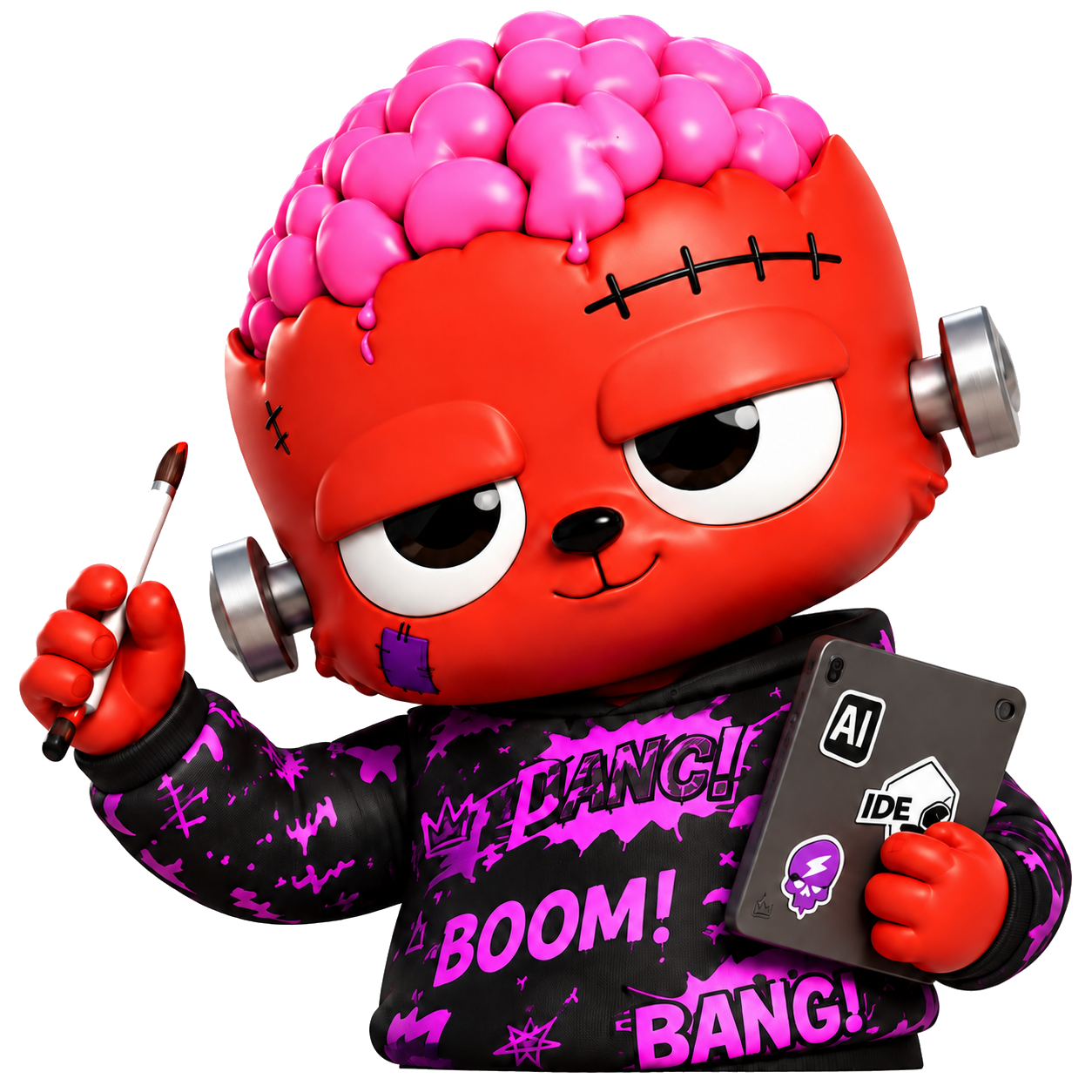 Red brain bear in a purple graffiti hoodie, holding a stylus and phone