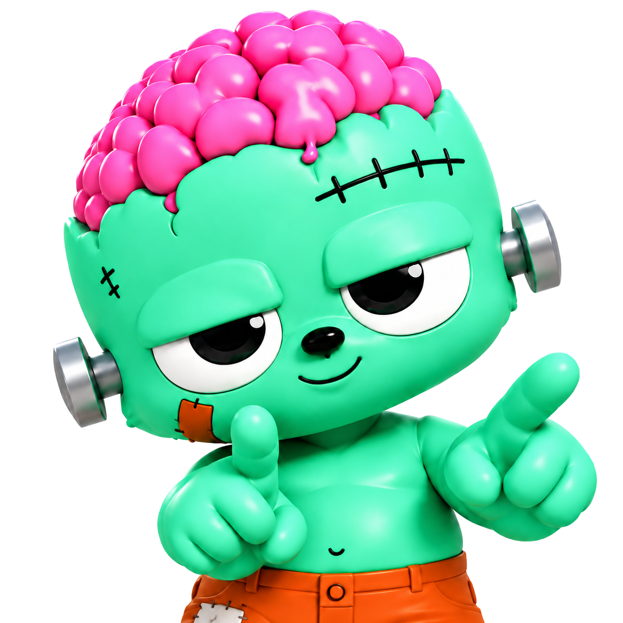 Mint green brain bear with pink brain and orange trousers, pointing both hands toward you
