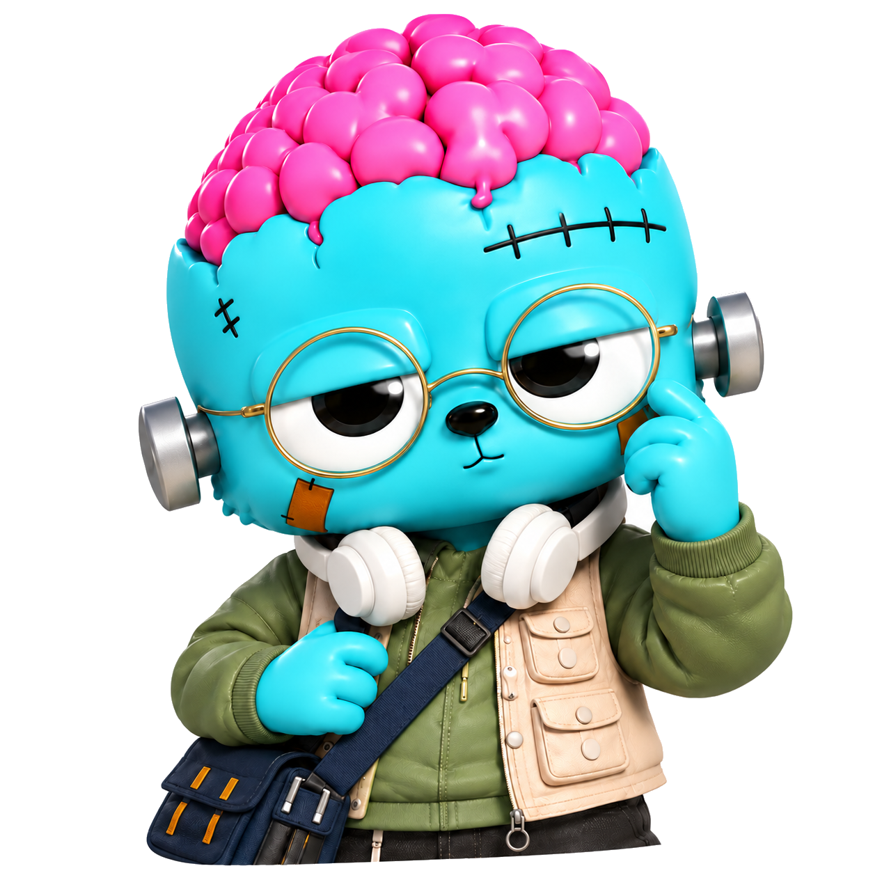 Blue brain bear with round glasses, headphones, olive jacket and a utility bag