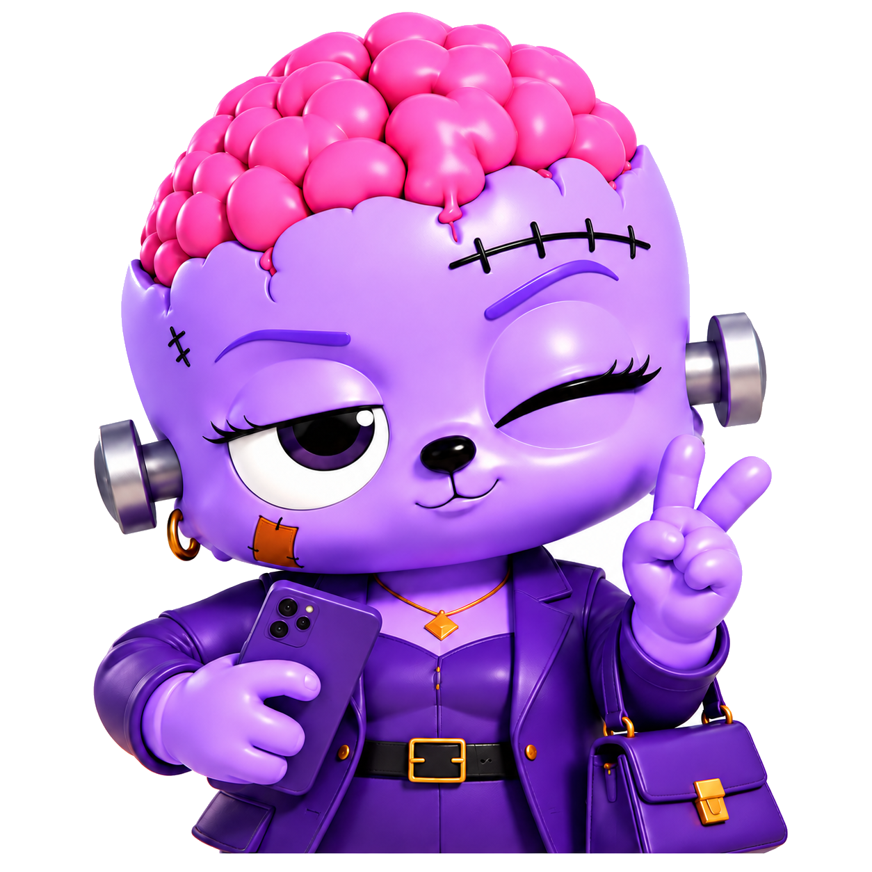 Purple brain bear in a purple blazer, winking and holding up a peace sign